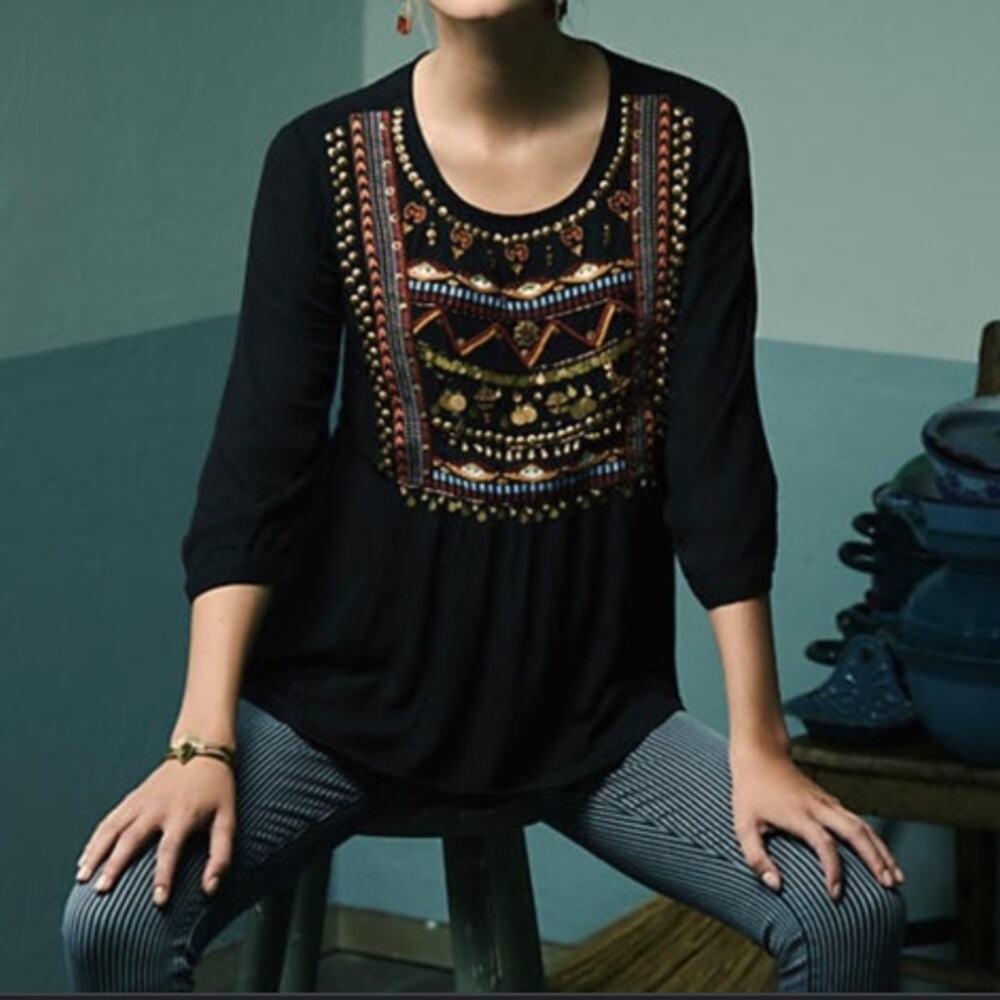HD In Paris Ari Embellished Embroidered Boho Peasant Tunic Top Black Size 4